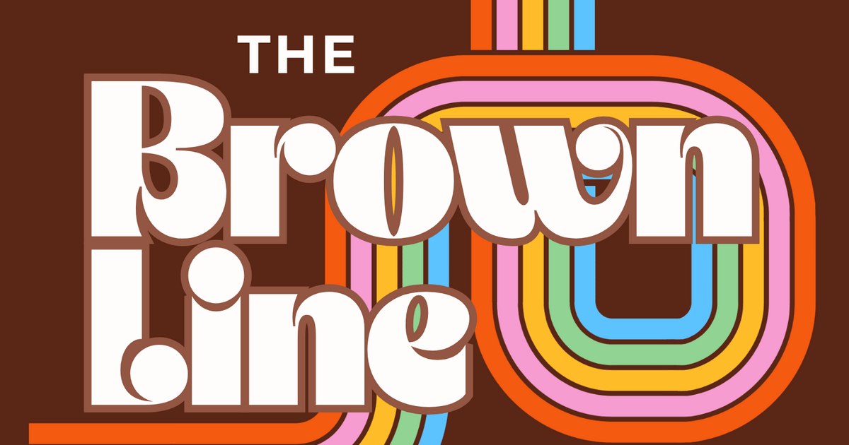 Retro Brown Line wordmark in cream lettering on a chocolate brown background, wrapped in looping transit stripes of orange, pink, yellow, green, and blue.
